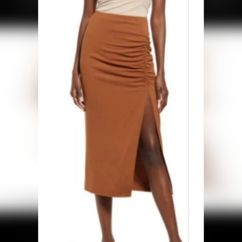 Ruched Side Midi Skirt with Thigh Slit in Tan